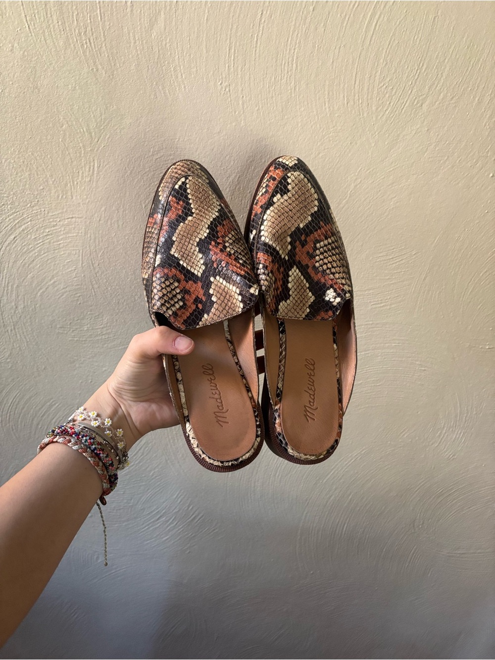 Madewell the Frances Leather Tan Snake-Print Slip-On Loafers Mules